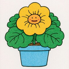 Fototapeta premium Cute flower face in blue pot illustration