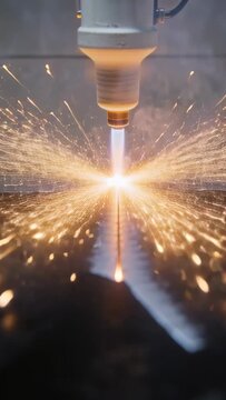 Vertical video: Cutting torch nozzle igniting plasma and slicing metal plate in shop, creating kerf
