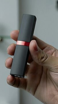 Vertical video: Entering hand rotating black lipstick at vanity with brushes to reveal red band