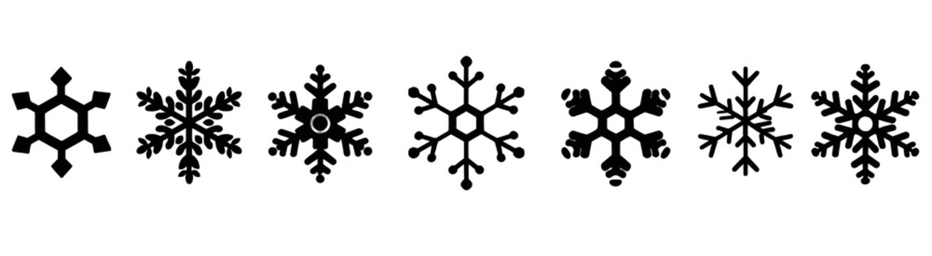Seven Black Snowflake Icons in Horizontal Row