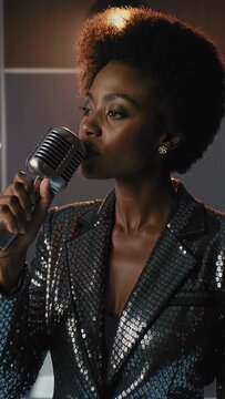 Vertical video: Spotlight urging singer in sequin blazer raising retro mic, singing on stage