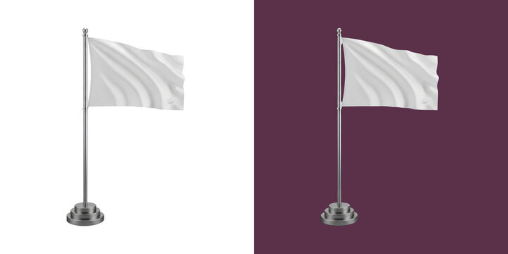 Blank white desk flag on a silver pole mockup for brand design transparent png