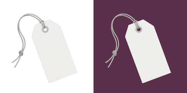 Blank white paper price tag with grey string realistic digital 3D render graphic transparent png