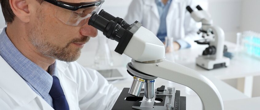 Researcher examining sample through microscope, wearing safety eyewear in sterile laboratory setting, surrounded by scientific glassware. Medicine, healthcare and science concept