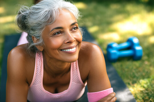  Mujer mayor activa haciendo ejercicio al aire libre con pesas; envejecimiento saludable y estilo de vida deportivo para bienestar editorial de marca.