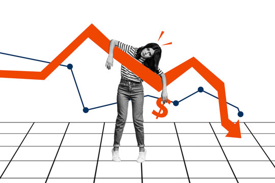 Composite photo collage of unhappy girl business arrow down fall dollar inflation loss recession failure isolated on painted background