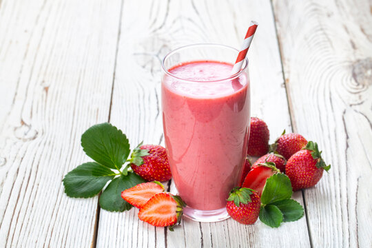 Strawberry smoothie or milkshake drink.