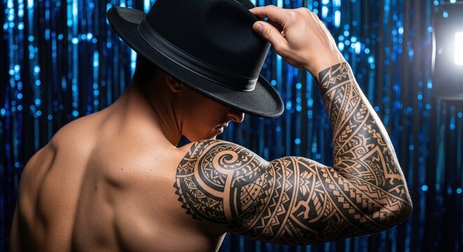 Shirtless Muscular Man With Full Tribal Tattoo Sleeve Tipping Black Fedora Hat Against Sparkling Blue Sequined Curtain Backdrop In Studio Lighting