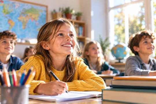 Smiling Schoolgirl Writing in Classroom
