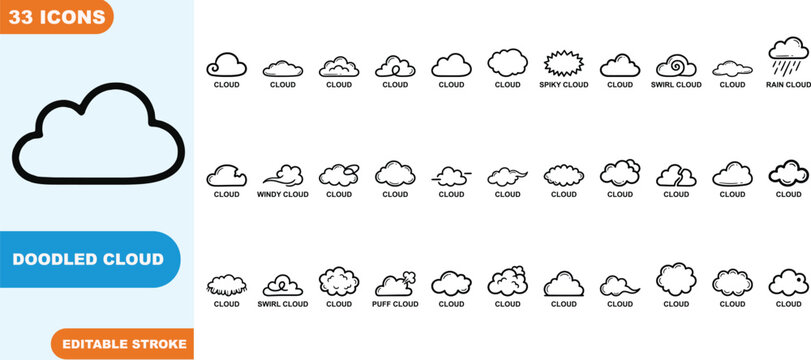 Thirty three weather and cloud themed doodle vector icons with editable stroke isolated on transparent background for creative meteorological and nature design projects