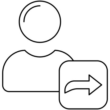 Line art style icon illustration of a user profile avatar with share arrow badge isolated on transparent background. Minimalist thin line design element for forward contact.