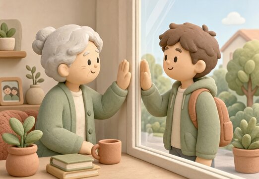 Grandmother indoors and grandson with backpack outdoors touching palms through a window, concept of grandparent grandchild bond, distance and connection