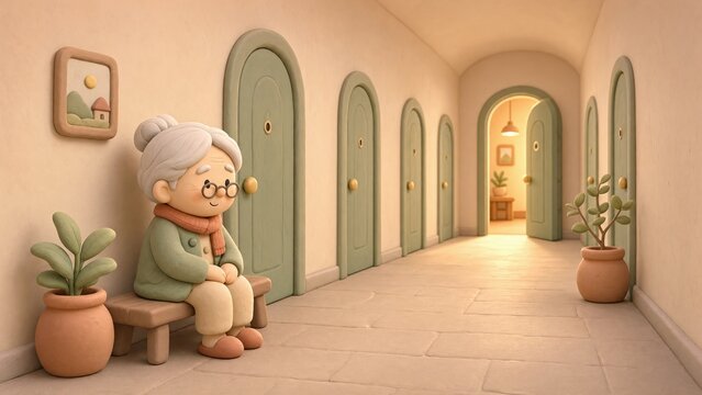 Elderly clay woman sitting on a bench in a corridor of arched doors with one open door glowing with warm light, concept of waiting, memory and passage of time