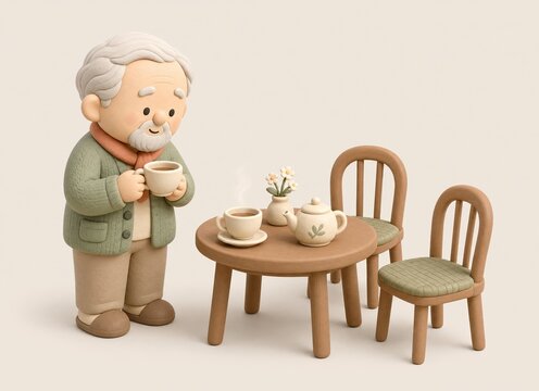 Elderly clay man drinking tea beside a small table with flowers and two empty chairs, concept of loneliness, waiting for company and old age