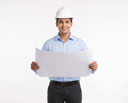 young indian male architect in light blue shirt and safety helmet holding blank blueprint sheet for civil engineering advertising banner poster