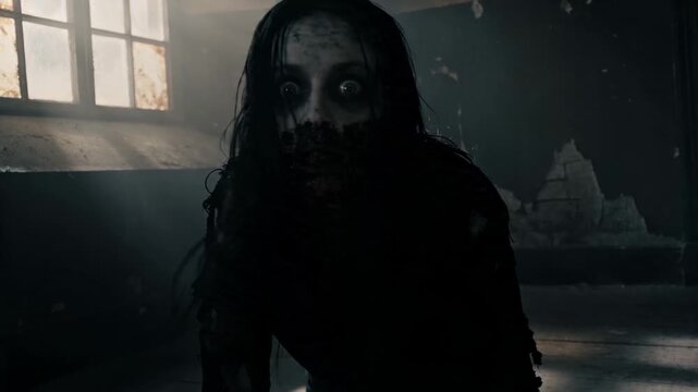 Scary woman looking at camera with smeared dark makeup in abandoned room. Creepy monster girl crawling in shadows for horror movie aesthetic and spooky concept