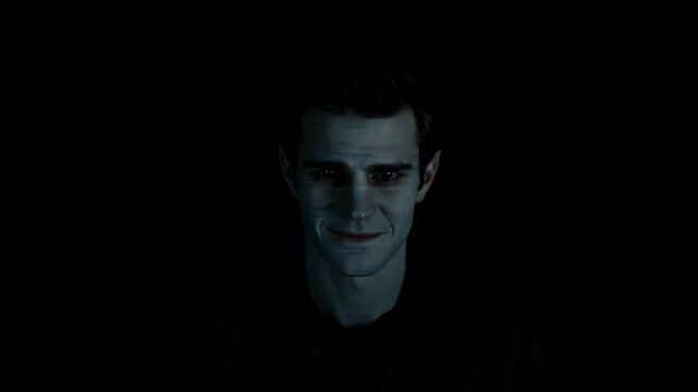 Man staring into camera with glitchy jerky movements and distorted face. Digital noise effect with dark background. Cyber horror concept and technological failure