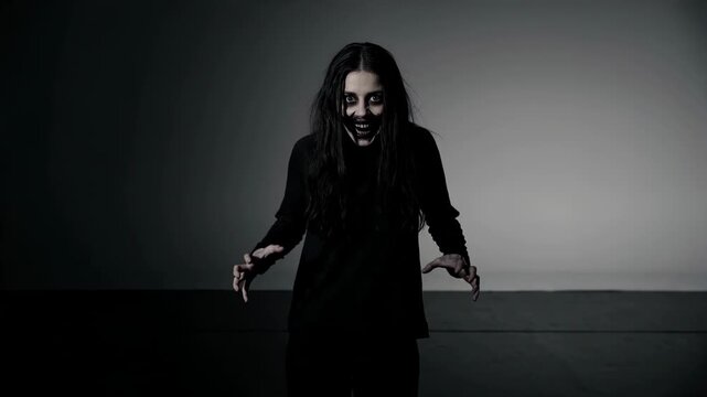 Scary woman with black face paint moving in dark space. Terrifying girl performing unnatural jerky dance for horror concept. Creepy artistic performance film