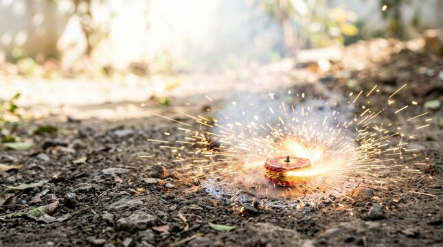 Diwali crackers exploding on ground. Traditional firework sparkler bursting outdoors. Festival celebration concept