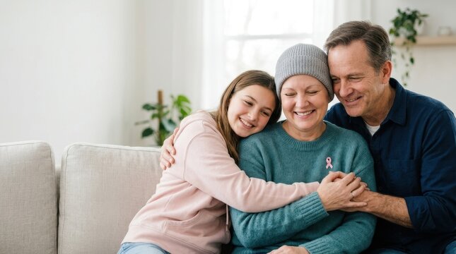 Family supporting breast cancer patient wearing headscarf and pink ribbon. Supportive husband and daughter hugging mother