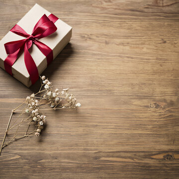 Wrapped gift box with red ribbon and dried flowers on wooden table