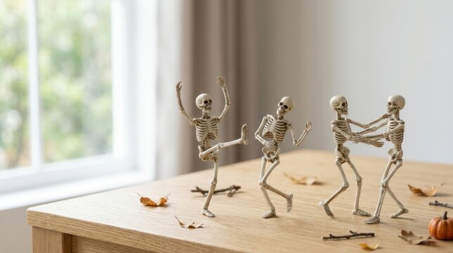 Miniature skeleton figurines dancing on a wooden table. Halloween decoration scene with autumn leaves and mini pumpkin