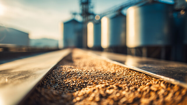 Golden wheat grain moving on an industrial conveyor belt at a modern refinery plant with large metal silos in the blurred background under bright sunlight.