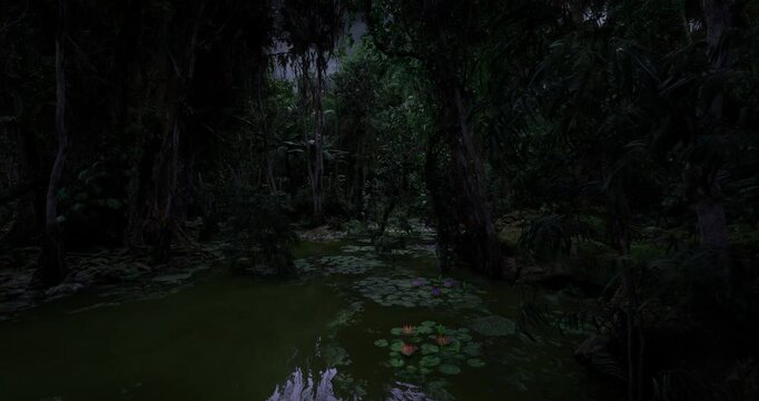 Moonlit forest pond with lily pads, calm reflective water under partially clouded sky. Dense trees and mossy banks frame shallow wetland, soft moonlight casting