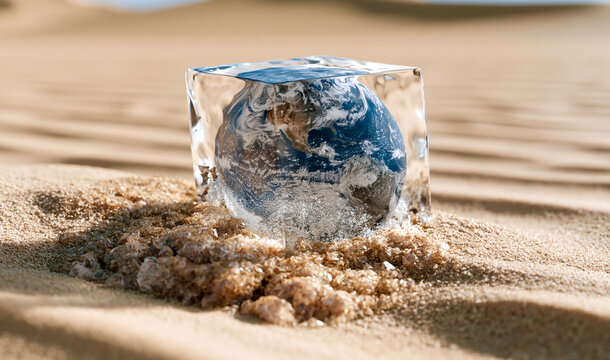 A conceptual image of the planet Earth frozen inside a melting transparent ice cube, sitting on the hot yellow sand dunes of a dry desert under bright sunny daylight.