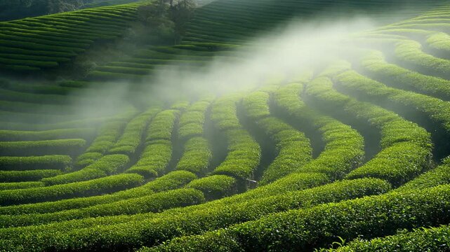 Mist drifting across tea terraces