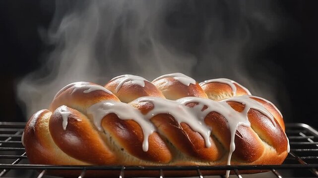 Steam rising from a glazed challah