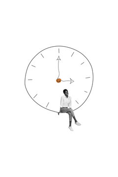 Trend artwork image photo collage of gray color space line circle drawing wall clock time deadline young woman sit think mind psychology