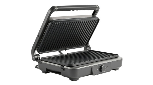 Modern electric grill and sandwich maker, a versatile kitchen appliance for healthy cooking and quick meals. Open panini press with ribbed non-stick plates, perfect for grilling and toasting.