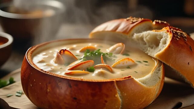 Chowder steaming in a bread bowl