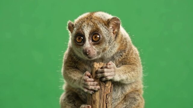 Cute slow loris clinging to wooden post and blinking its eyes against green screen studio background
