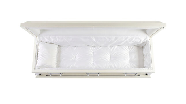 Empty white coffin, a solemn funeral casket with soft quilted interior, symbolizing loss and remembrance. A dignified burial container for memorial services and end-of-life planning.