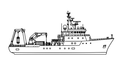 Thin black line illustration of an oceanographic research vessel with portholes, crane, stern A-frame with sampler, bridge windows, mast, radar dome and railings in starboard side depiction © MDAfsunHabib