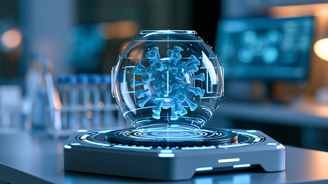 Futuristic laboratory workstation displaying a transparent virus particle model, pathogen research, infectious disease science, virology, vaccine development, laboratory