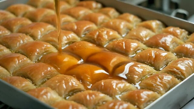 Syrup soaking into baklava layers