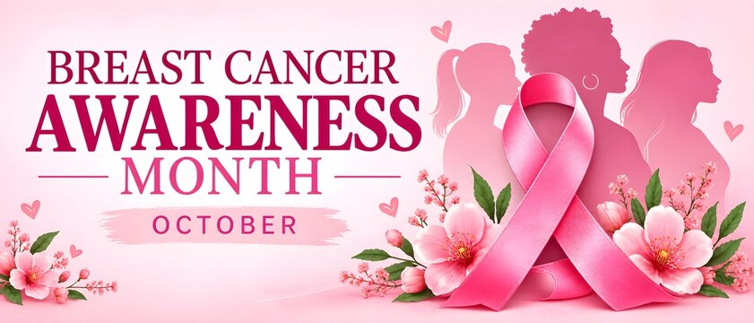 .Breast Cancer Awareness Month October banner. Pink ribbon with women silhouettes, soft flowers, and typography on a pink background.