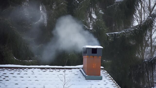 Chimney smoke rising from a snowy roof