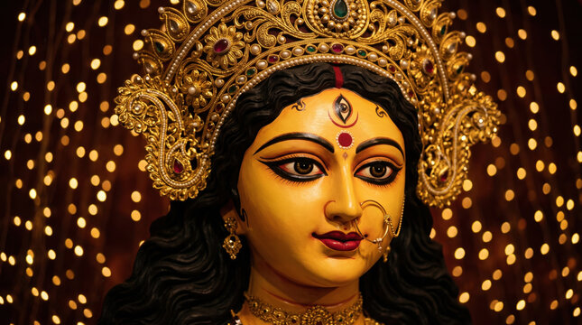 A luminous Bengali Maa Durga face surrounded by countless tiny golden festival light reflections in a rich evening atmosphere for Durga Puja and Navratri