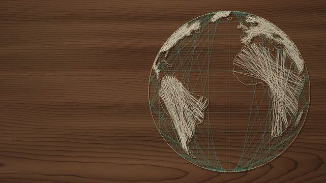 String art globe on walnut wood: cotton thread winds from nail to nail into a world map with meridians, then unwinds, seamless loop with copy space