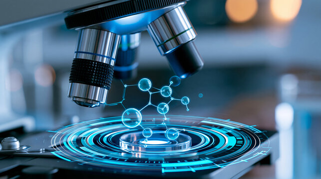 Close-up of a microscope with a holographic molecular structure appearing above the laboratory stage, microscopy, biotechnology, molecular research, scientific discovery, medical