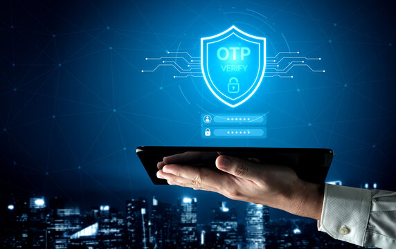 A hand holding a tablet showcases an OTP verification concept with a digital lock and security shield against a modern city skyline backdrop, emphasizing security and technology themes. Nascent