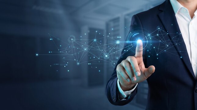 professional hand activating connected digital nodes representing business modernization technology adoption automation and enterprise innovation for advertising