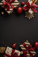 Obraz premium Elegant Christmas gifts with red bows and ornaments on vertical dark background for Merry Christmas and Happy New Year