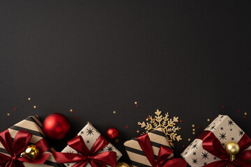 Obraz premium Elegant Christmas gifts with red ribbons and gold ornaments on a black background for holiday greeting