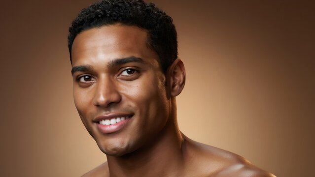 Smiling Black man with bare shoulders poses confidently against a warm studio background in portrait.