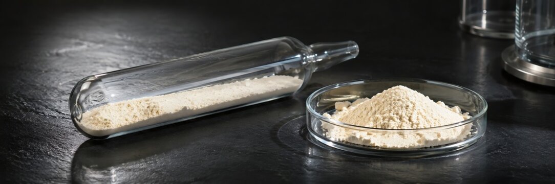 Pure pharmaceutical dry white powder active ingredient in glass petri dish beside sealed transparent glass medicine ampoule on clean sterile lab surface